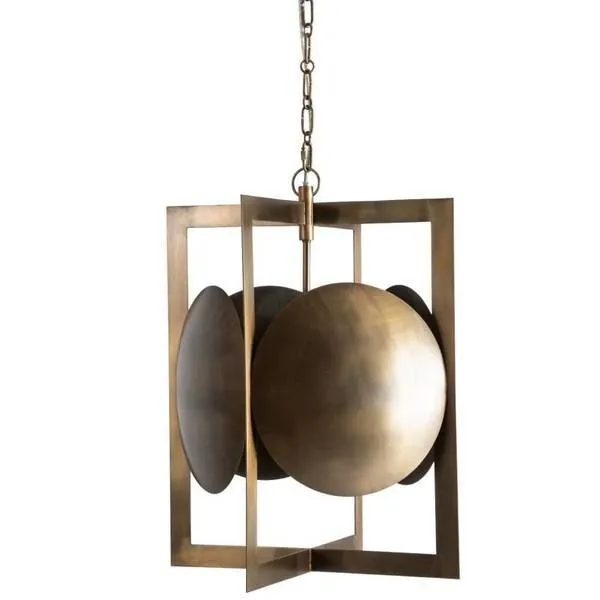 Large Clove Metal Pendant with geometric brass frame and spherical elements in brushed brass finish