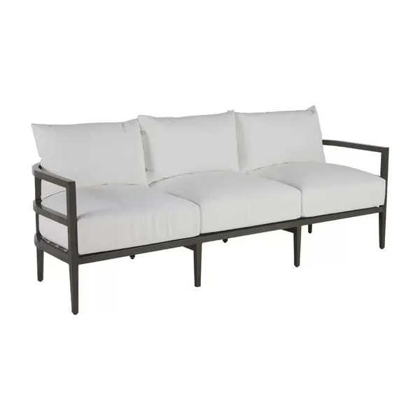 Santa Barbara outdoor sofa with slate gray aluminum frame and white cushions, seating three people