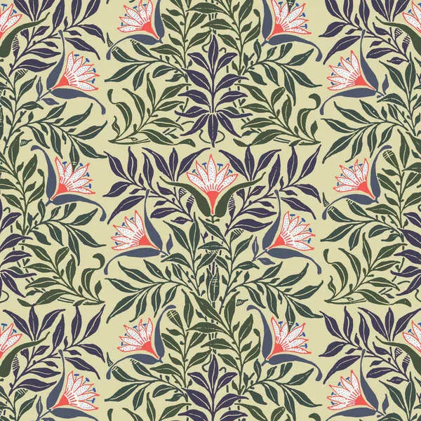 Mitchell Black Flowervine peel and stick wallpaper with repeating intricate floral and leafy pattern in muted greens, reds...