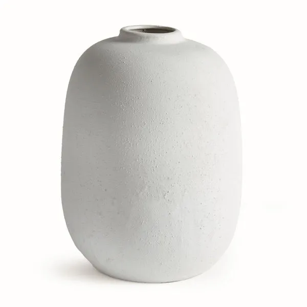 Modern cylinder stoneware vase with a matte white textured glaze, simple rounded form