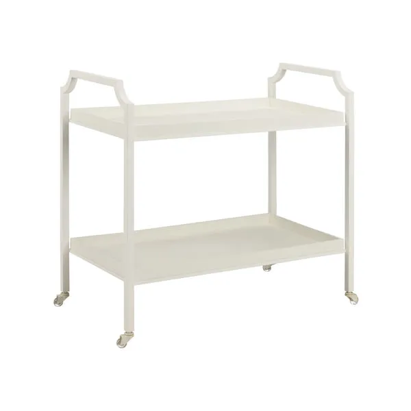White metal Blake Bar Cart with two removable shelves, cut-edge handles, and acrylic caster wheels
