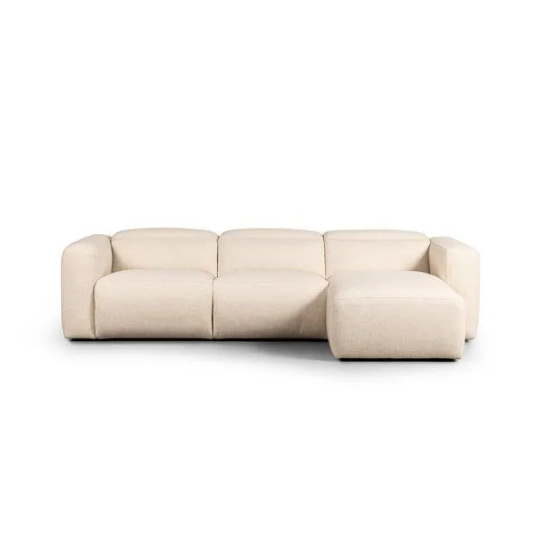 Beige Radley Power Recliner 3-piece sectional with wide arms, chaise on right, and smooth fabric upholstery