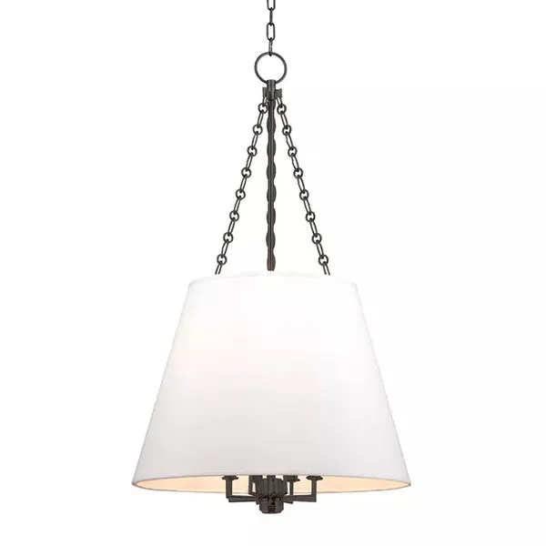 Burdett 8 Light Pendant with white tapered drum shade suspended by dark metal chains and central rod