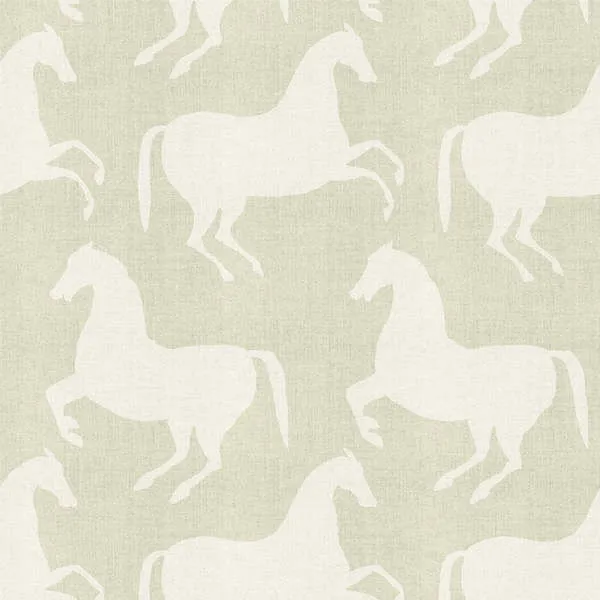 Wallpaper with a repeating pattern of light eucalyptus-hued horses on a premium matte background