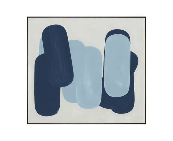 Abstract painting featuring overlapping elongated oval shapes in dark and light blue on a pale background with a thin blac...