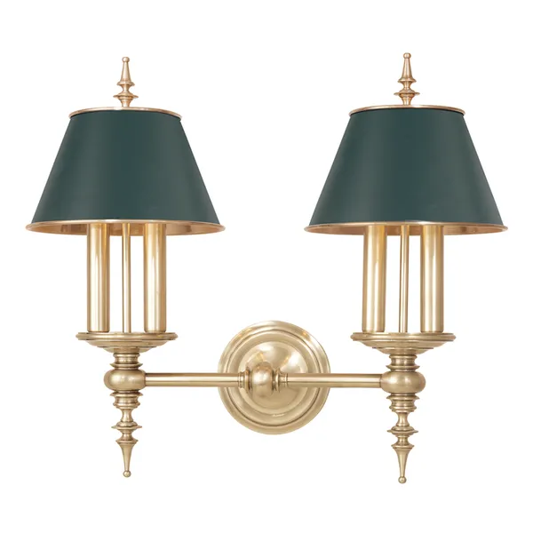 Cheshire 4 Light Wall Sconce with hand-rubbed aged brass finish and matte black shades with brass trim