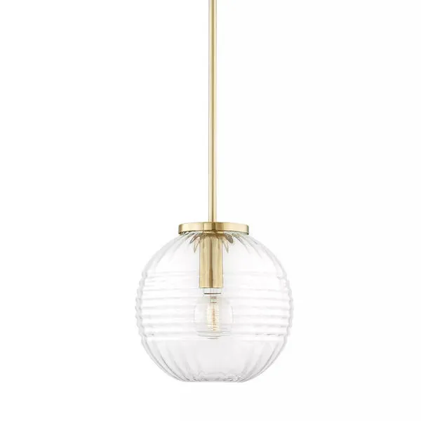Bay Ridge small globe pendant light with clear ribbed glass and brushed brass rod and canopy