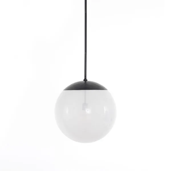 Sutton Pendant Antiqued Iron with frosted glass globe and dark metal top, suspended from a slim rod