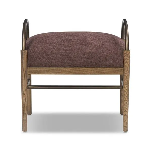 Demi Accent Stool with plush deep purple upholstered seat, sleek arched bronze arms, and warm wooden frame