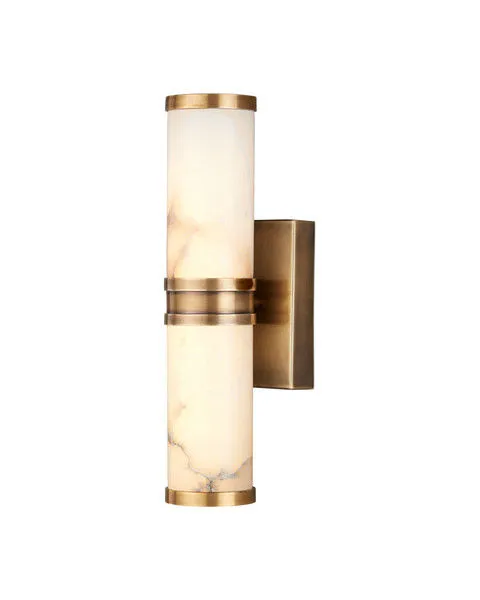 Brenham Brass Wall Sconce with alabaster cylindrical shade and natural vintage brass finish mounting plate and cap accents