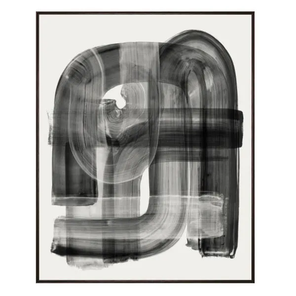 Abstract painting with bold black overlapping brush strokes on a white background in a slim black frame