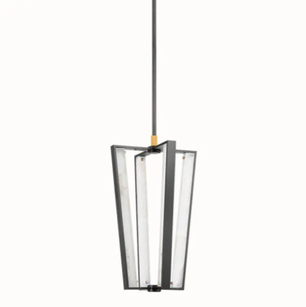 Edgemere Pendant centered in room with white background, showing illuminated alabaster panels and brass mounting detail