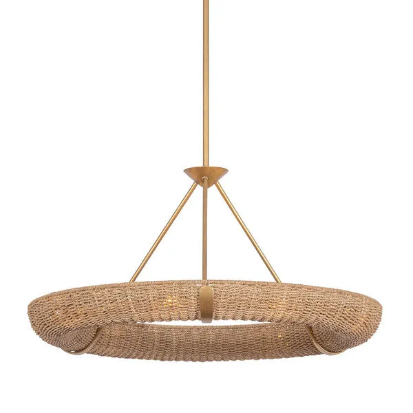 Ring chandelier with woven abaca shade and Patina Gold Leaf metal supports in a clean geometric silhouette