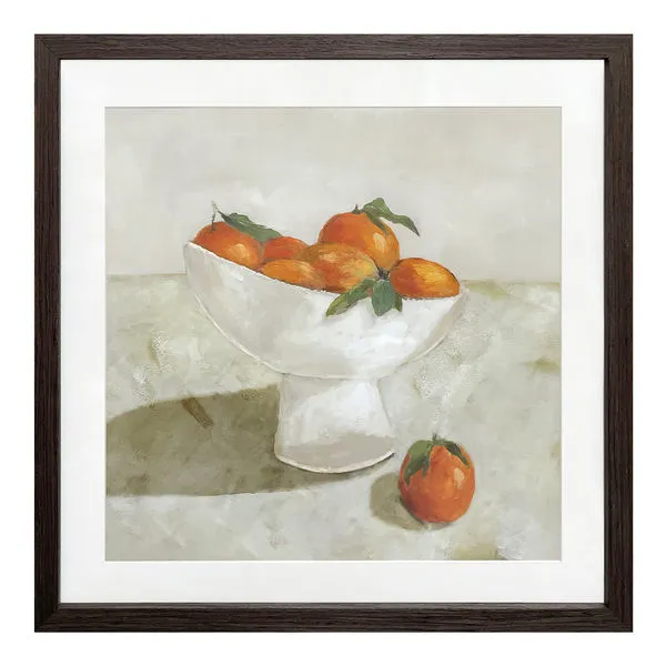 Citrine framed painting of a white bowl holding bright orange citrus fruits on a muted table surface with warm neutral bac...