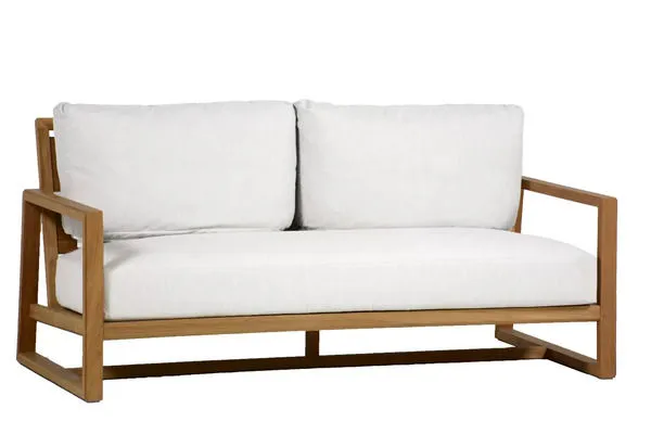 Avondale Teak Loveseat with natural teak frame and off-white cushioned seat and backrest