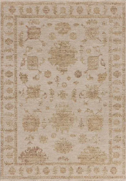 Rectangular Willa Bone / Clay Rug with vintage Turkish motifs in sand and pale sky tones, elegant neutral palette