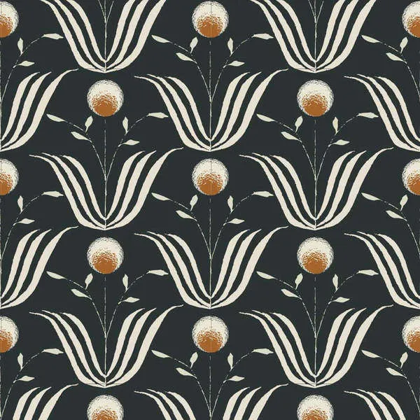 Mitchell Black Spring Bloom removable peel and stick wallpaper with bold black background and stylized cream and brown flo...