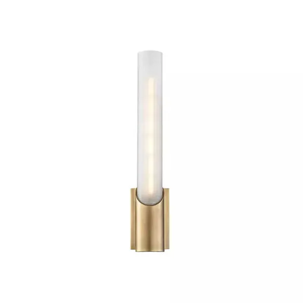 Pylon 1 Light LED wall sconce with long cylindrical fluted and etched glass diffuser in clear smooth exterior, brushed bra...