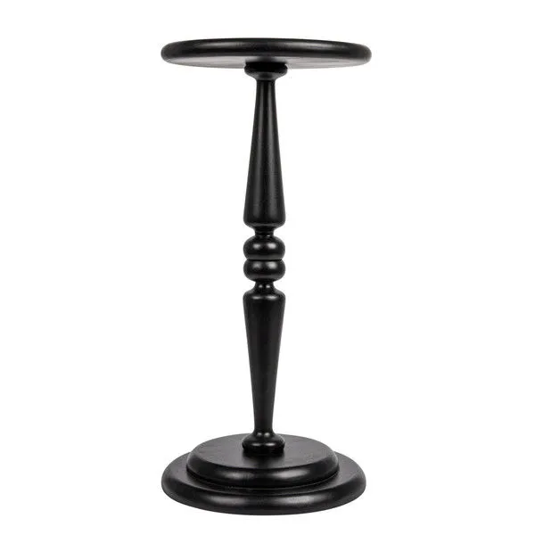 Angled view of black Sterling Side Table highlighting smooth round tabletop and classic turned base