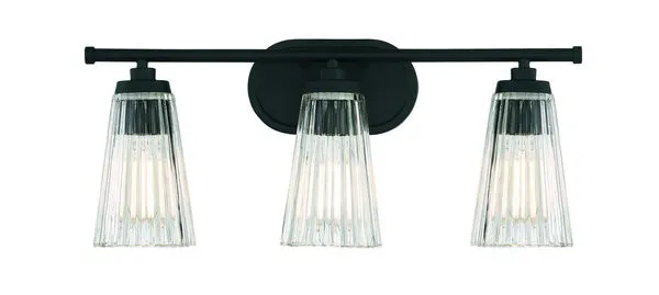 Chantilly 3 Light Bath fixture with matte black finish and three tapered ribbed clear glass shades