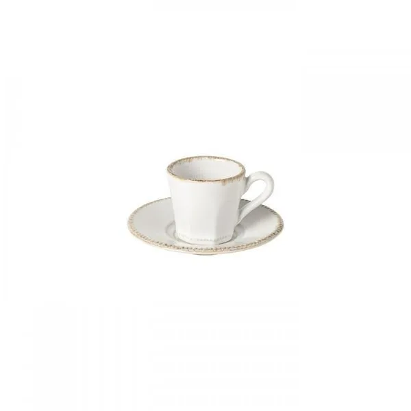 Luzia ceramic stoneware coffee cup and saucer set in cloud white with beige rim detail, 8-ounce capacity