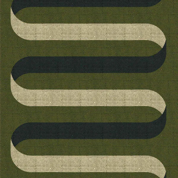 Olive green wallpaper with a folding ribbon pattern in black and beige, featuring a premium matte textured finish