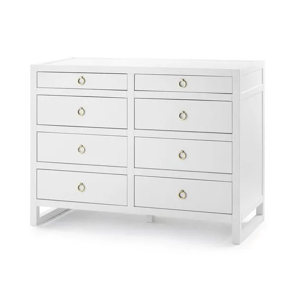 Newton Large 8-Drawer Dresser in white with eight stacked drawers and brass ring pulls on clean, straight legs