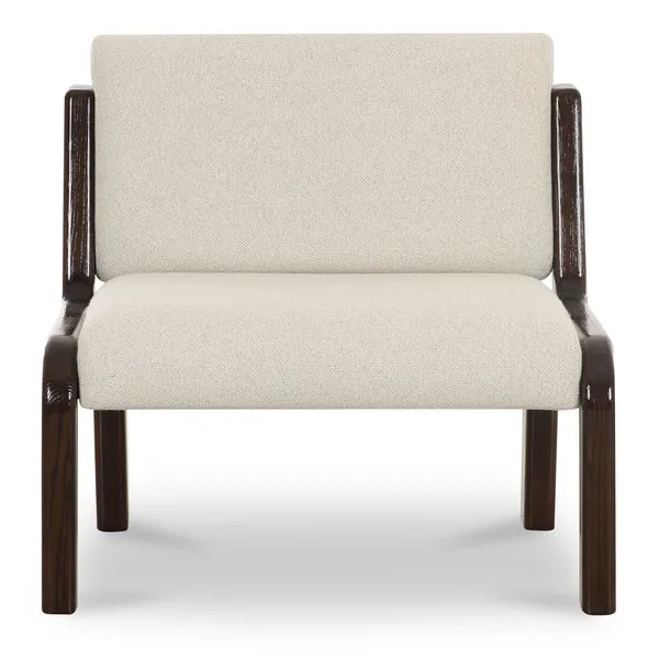 Armless accent chair with textured cream upholstery and dark glossy ash wood frame in mid-century style