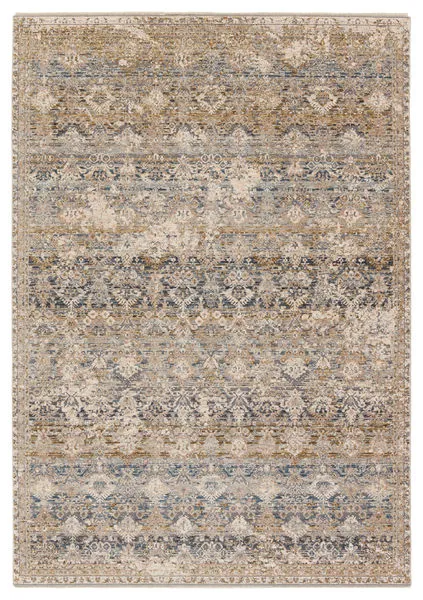 Long rectangular transitional rug with distressed floral and trellis patterns in gray, cream, blue, gold, and beige