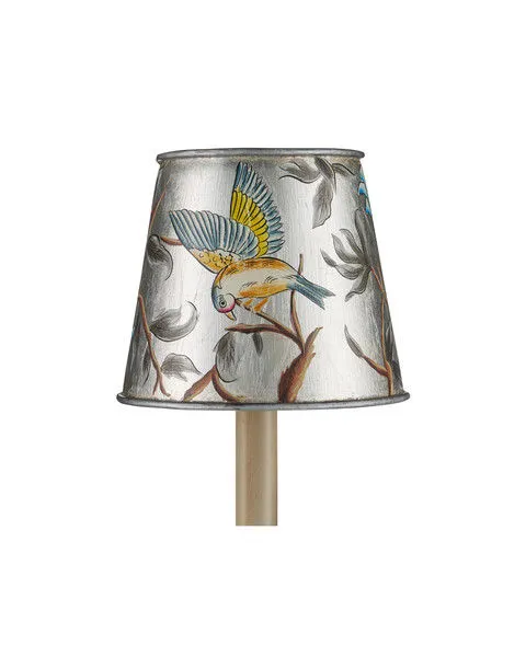 Tapered chandelier shade with hand-painted bird and branch motif on shimmering silver finish