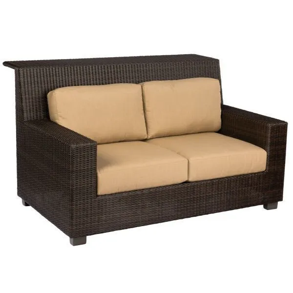 Montecito Love Seat Bar in warm brown woven HDPE with tan cushions and modern outdoor design