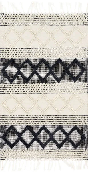 Village Collection Multi Black Entry Rug with bold geometric diamond patterns in black and cream tones, fringed edges