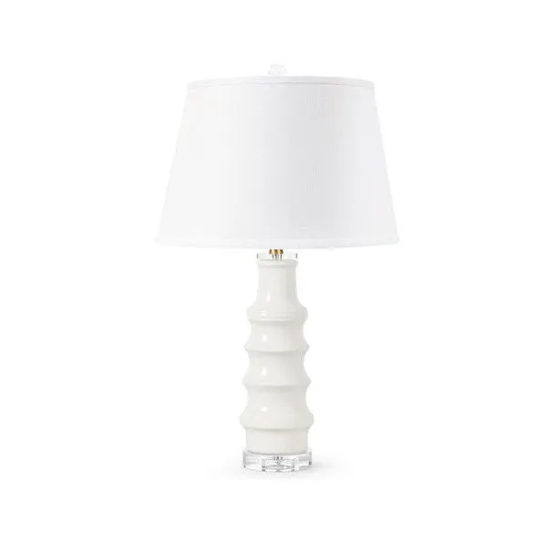 Jesse Lamp with wavy glazed ceramic base in cloud nine white and white fabric shade, clear acrylic pedestal base