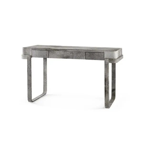 Asher Desk in monochromatic gray with plush hair-on-hide texture and sleek industrial silhouette
