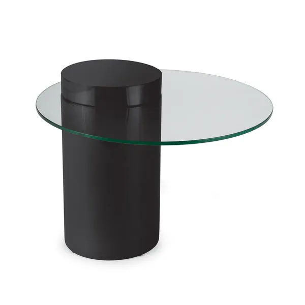Odette Black Wooden Glass-Top Side Table with cylindrical black base and clear round glass top