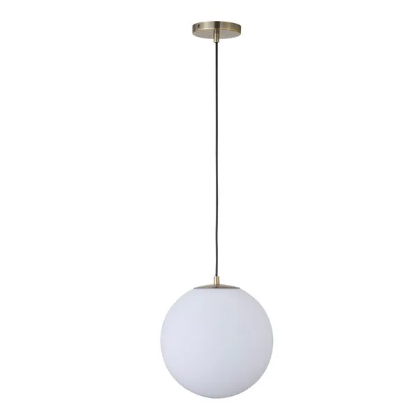 12-inch Sol pendant light with frosted white glass globe and antique brass fittings suspended by black cord