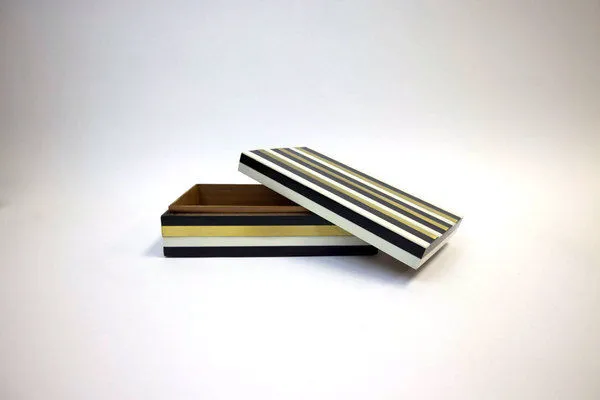 Same rectangular box with lid open at a slightly different angle showing depth and striped pattern on top and sides