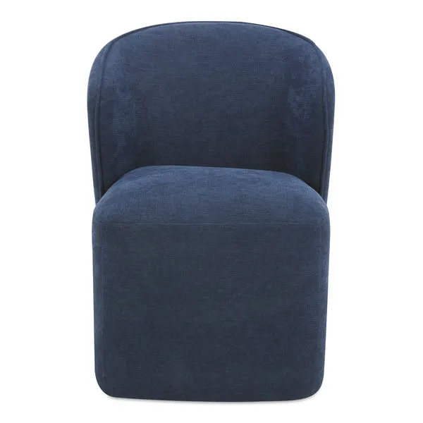 Larson rolling dining chair with rounded square seat, curved back, caster wheels, and navy high-performance fabric upholstery