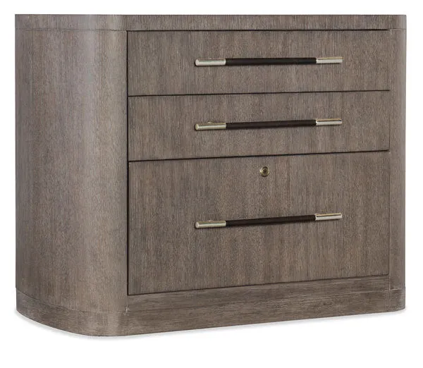 Modern Mood lateral file with rounded edges, three drawers, wood texture, and gold-accented handles