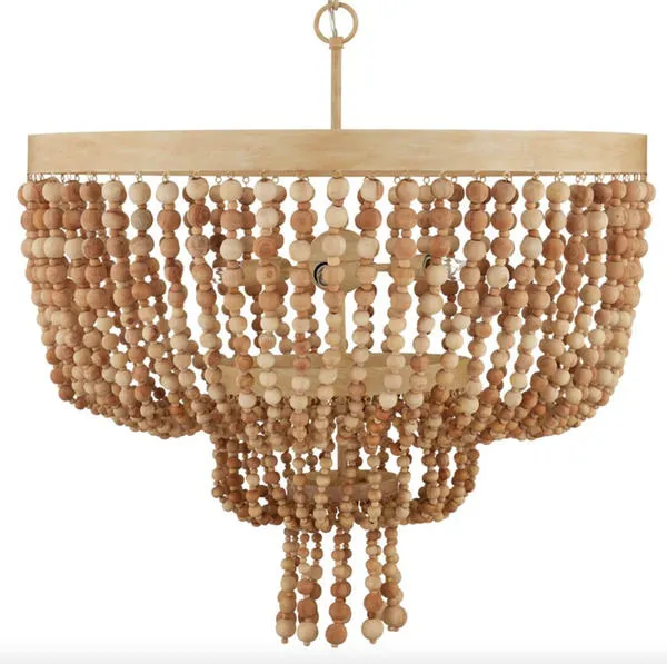 Sabia Chandelier side view showing round wood frame and strands of beads hanging evenly around