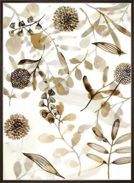 frontal view of botanical art showing intricate leaf and flower details with subtle color variations