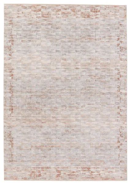 Modern rectangular 3x10 area rug with geometric trellis pattern in gray, cream, rust, and brown with cream fringe