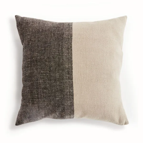 Jules Pillow with half dark gray and half natural beige woven flax fiber fabric with herringbone pattern separating both s...