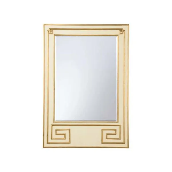 Rectangular wall mirror with a cream wooden frame featuring intricate gold Greek key detailing
