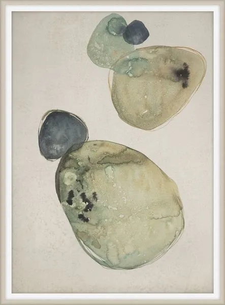 Abstract painting with overlapping organic shapes in muted greens, soft browns, and subtle black accents on light background