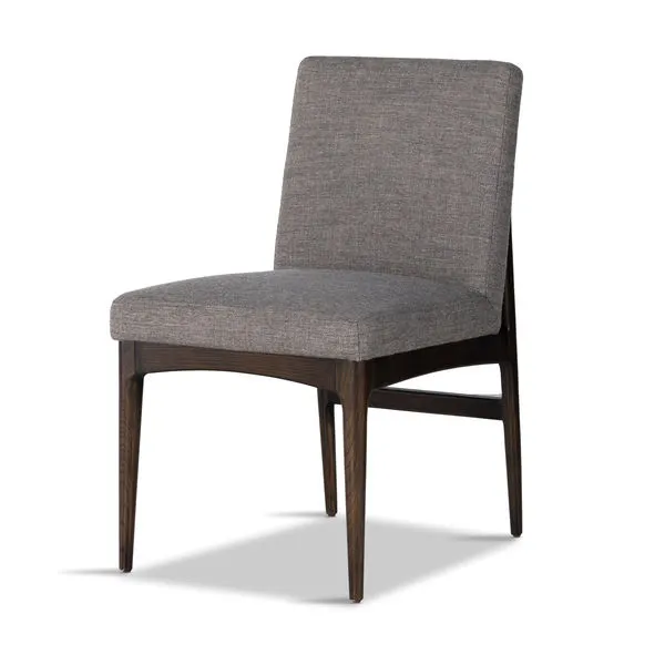 Abida Alcala Nickel Dining Chair with slim tapered dark wood frame and thick grey upholstered seat and back