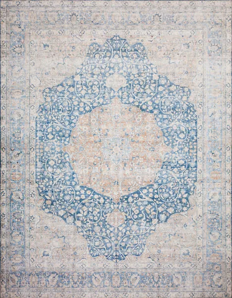 Layla 2'6" X 7'6" vintage style rug in blue and tangerine with a traditional medallion pattern and subtle aged effect