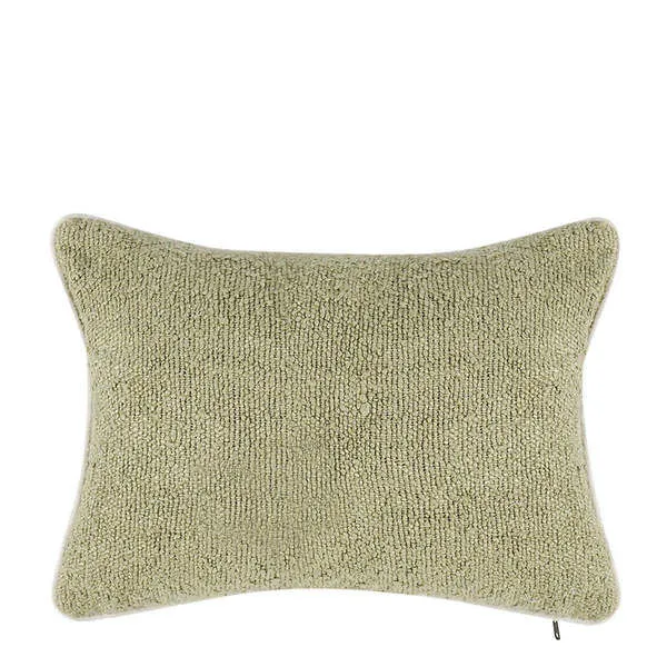 Rectangular sage green pillow with a soft, boucle-like textured cotton blend fabric