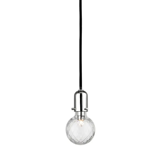 Marlow 1 Light Pendant with clear textured glass globe and sleek metal top hanging from black cord