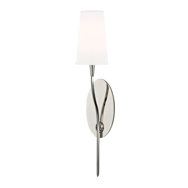 Wall sconce with curving metal arm, sleek oval backplate, and white conical fabric shade